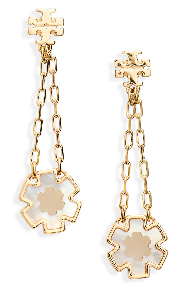 Tory Burch Forget Me Not Drop Earrings, Main, color, Tory Gold / Mother Of Pearl