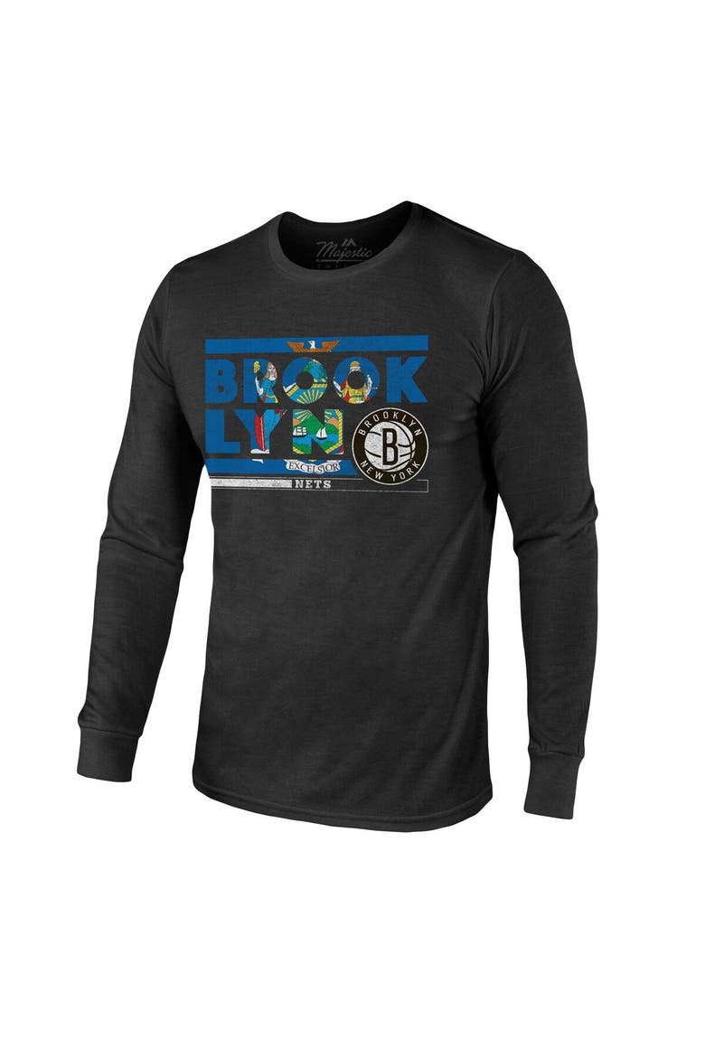 Men's Majestic Threads Black Brooklyn Nets City and State Tri-Blend Long Sleeve T-Shirt, Alternate, color, Black