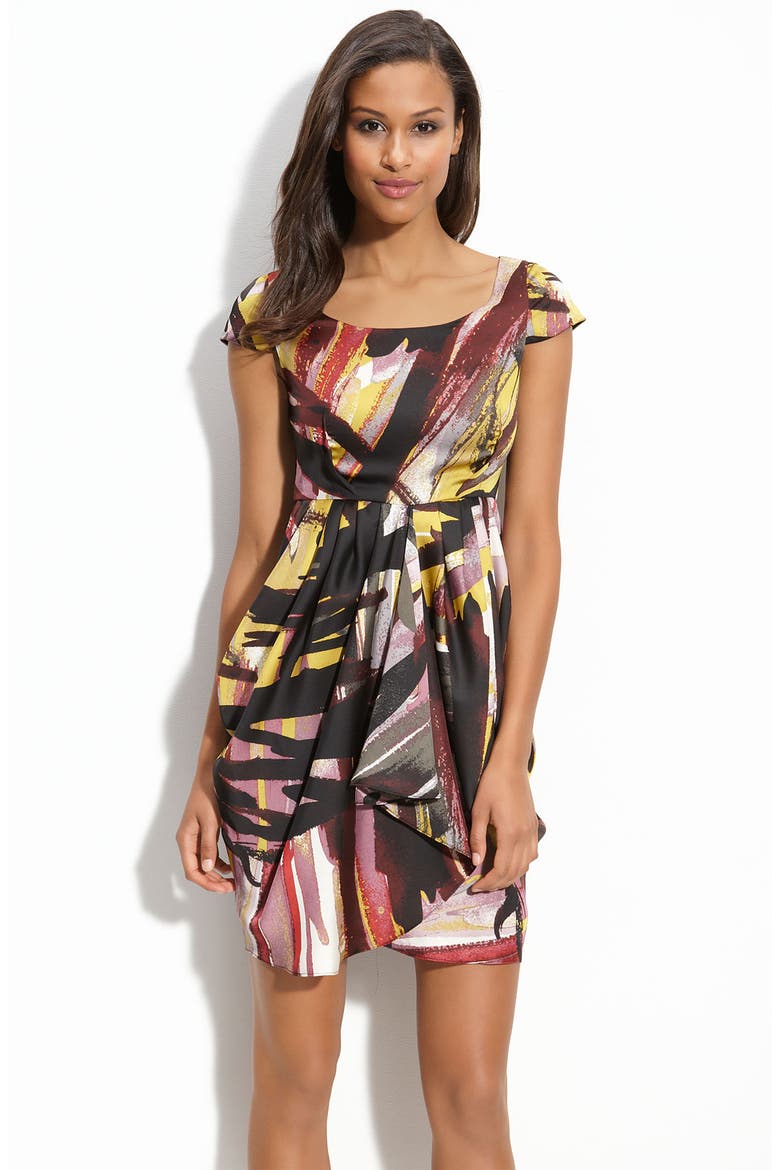 Print Crêpe de Chine Cap Sleeve Dress, Main, color, PHANTOM INK SPLASH