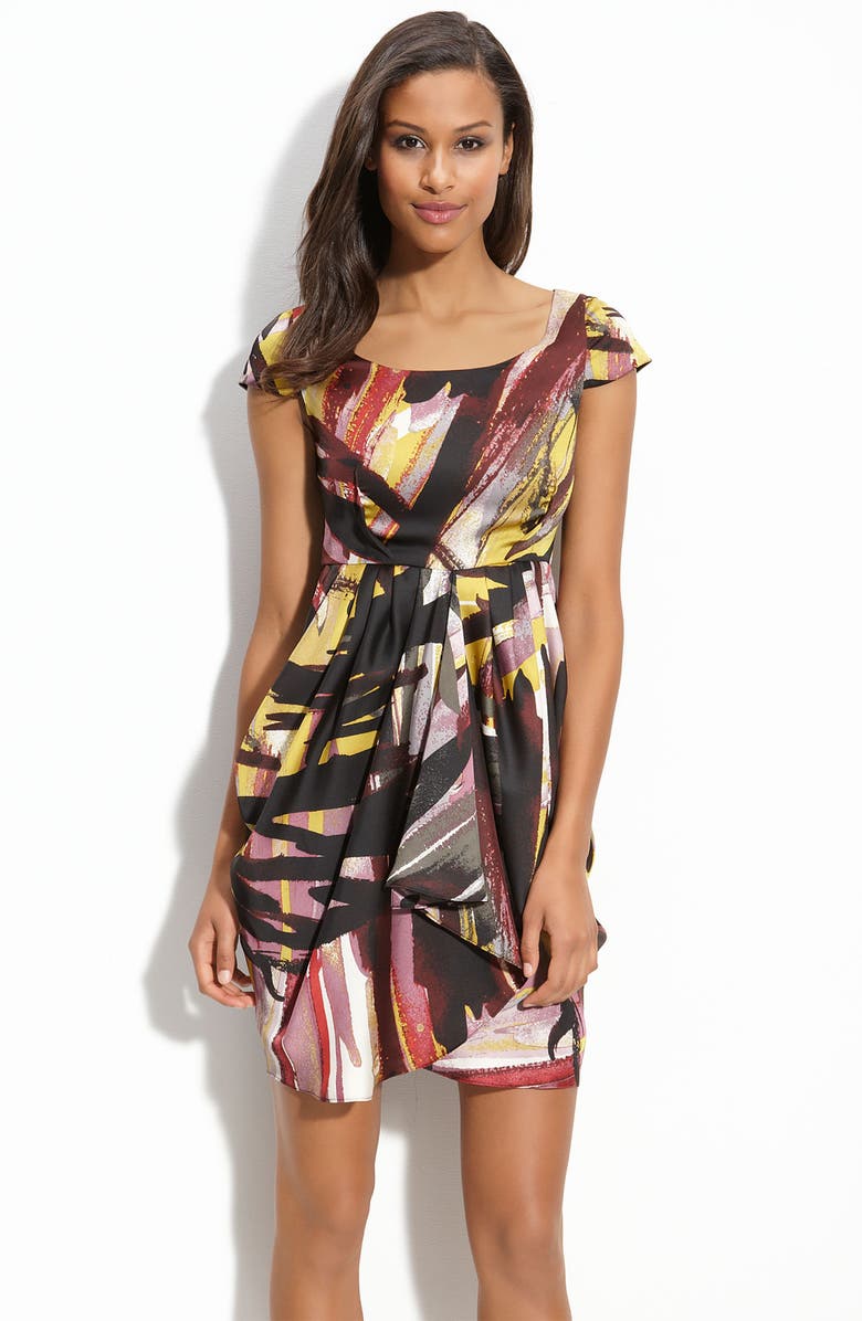 Julie Dillon Print Crêpe de Chine Cap Sleeve Dress, Main, color,