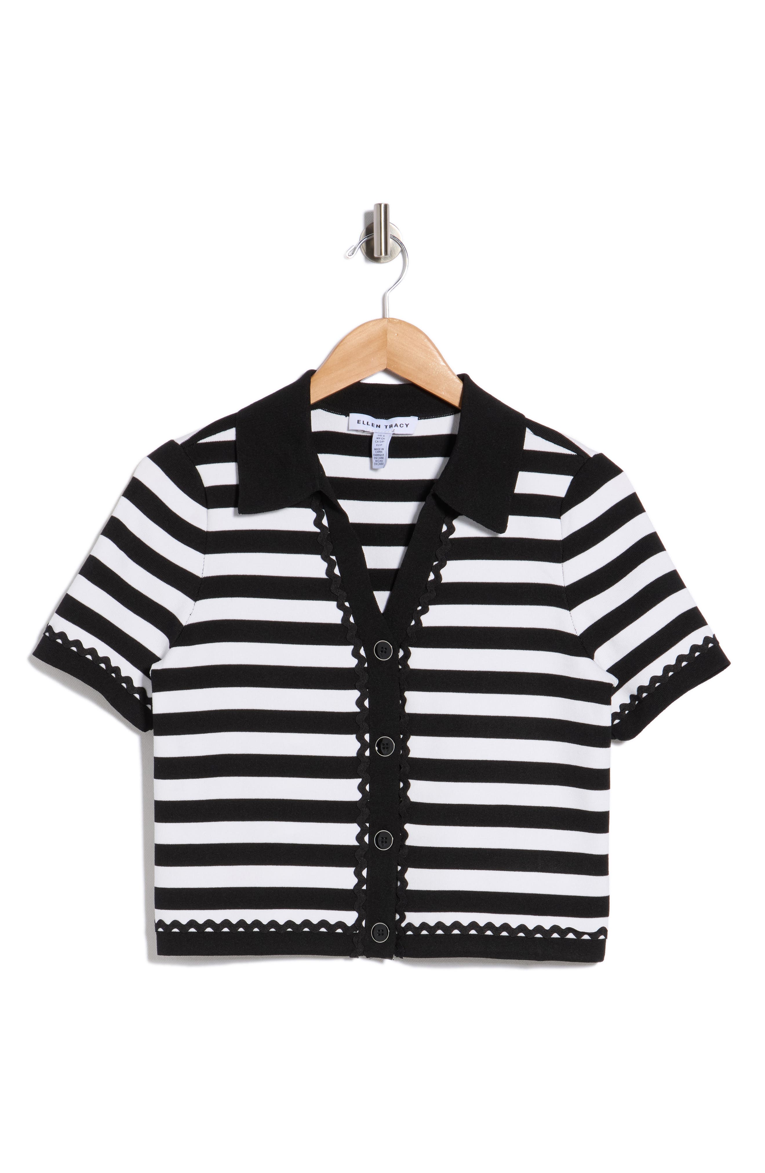Ellen Tracy Stripe Lace Trim Short Sleeve Cardigan