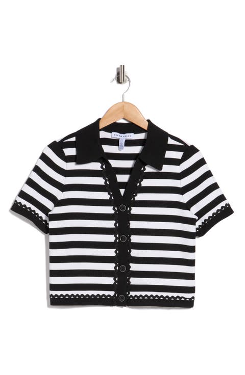 Stripe Lace Trim Short Sleeve Cardigan
