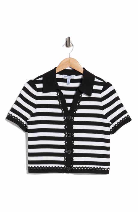 Ellen Tracy Stripe Lace Trim Short Sleeve Cardigan