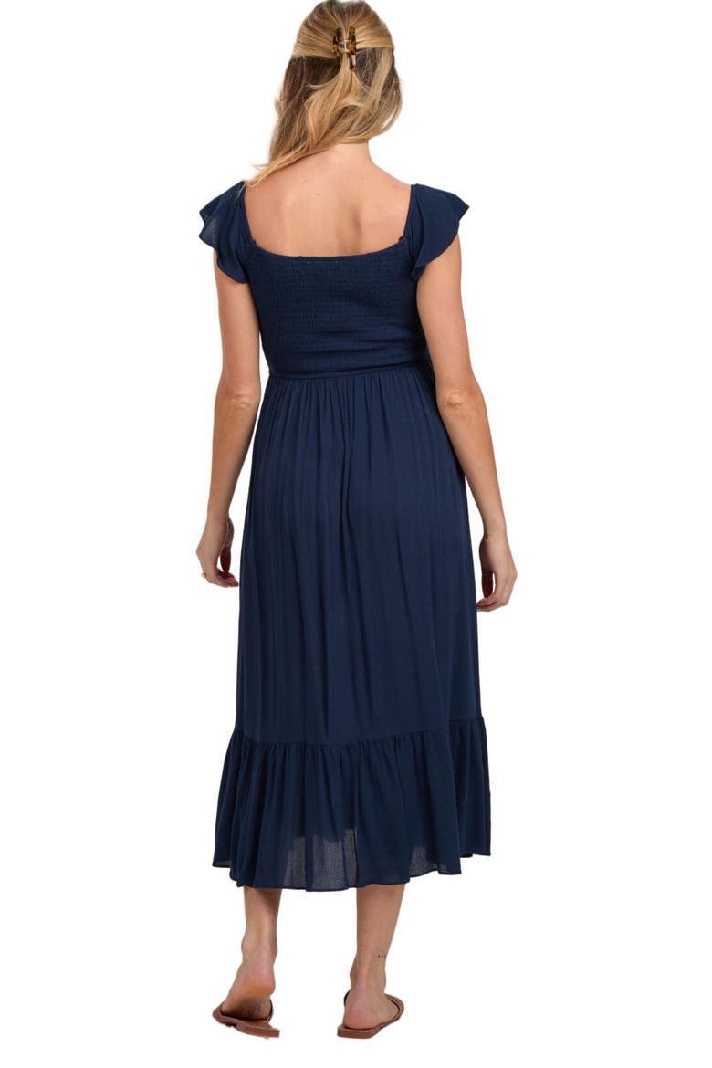 Smocked Ruched Ruffle Hem Maxi Dress, Alternate, color, Navy Blue