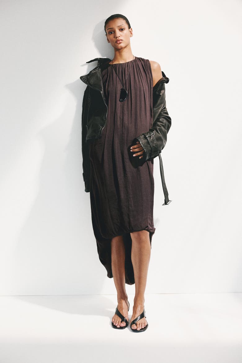 Draped Bubble-hem Dress, Alternate, color, Dark brown