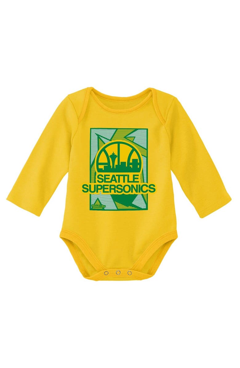 Mitchell & Ness Infant Mitchell & Ness Green/Gold Seattle SuperSonics Hardwood Classics Bodysuits & Cuffed Knit Hat Set, Alternate, color,