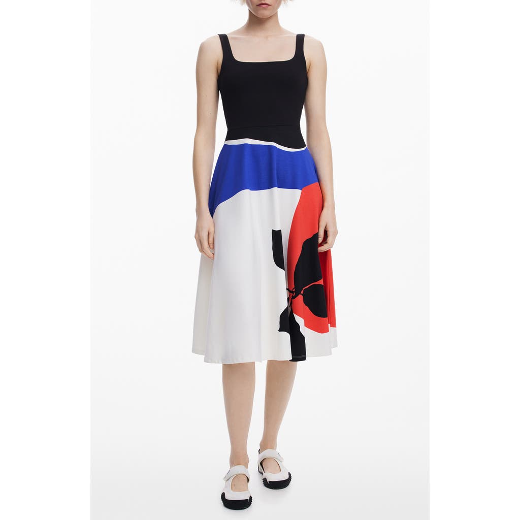 Desigual Colorblock Print Fit & Flare Midi Dress In Black