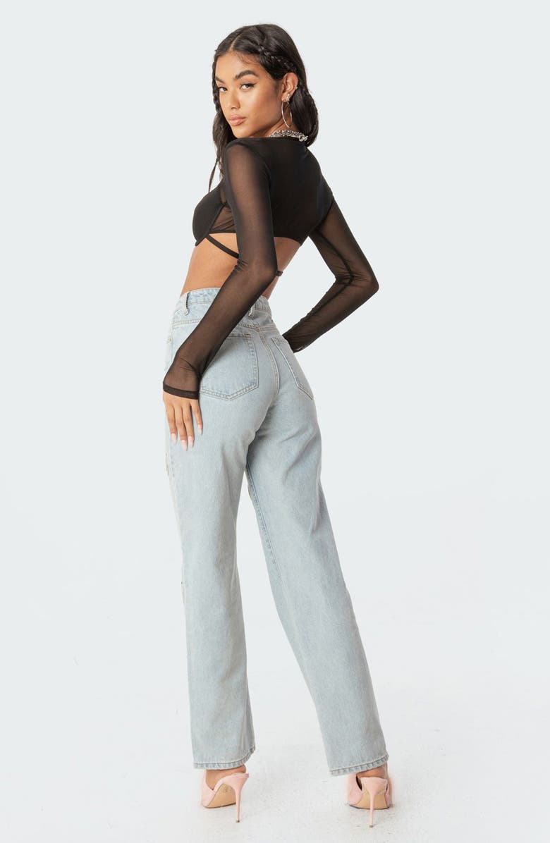 EDIKTED Lin Mesh Long Sleeve Bra Top, Alternate, color, Black