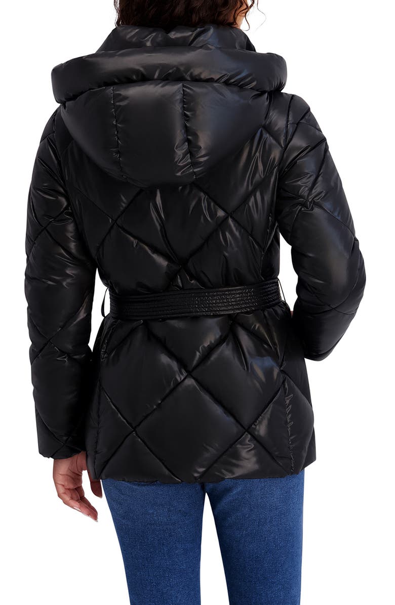 Kensie Belted Diamond Quilted Puffer Coat, Alternate, color, Black