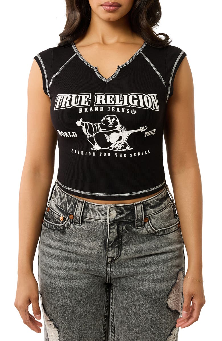 True Religion Contrast Stitch Crop Graphic T-Shirt, Main, color,