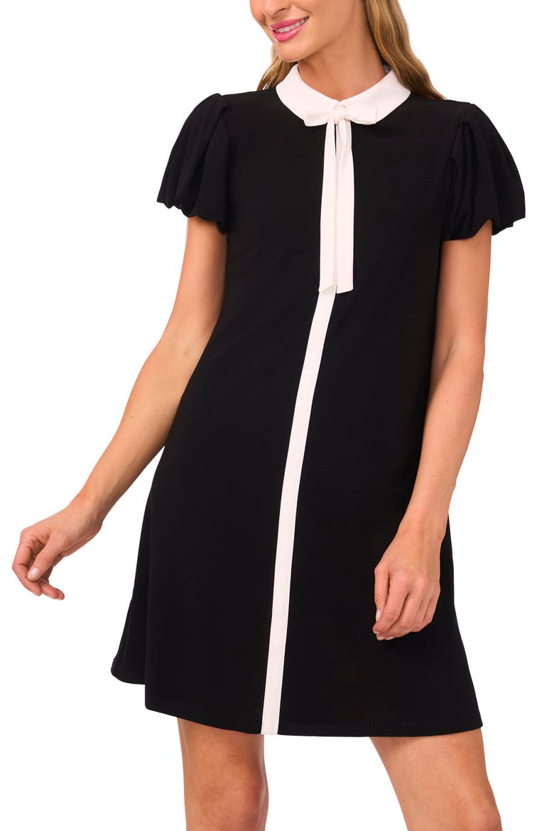 Tie Neck Puff Sleeve Dress, Alternate, color, RICH BLACK