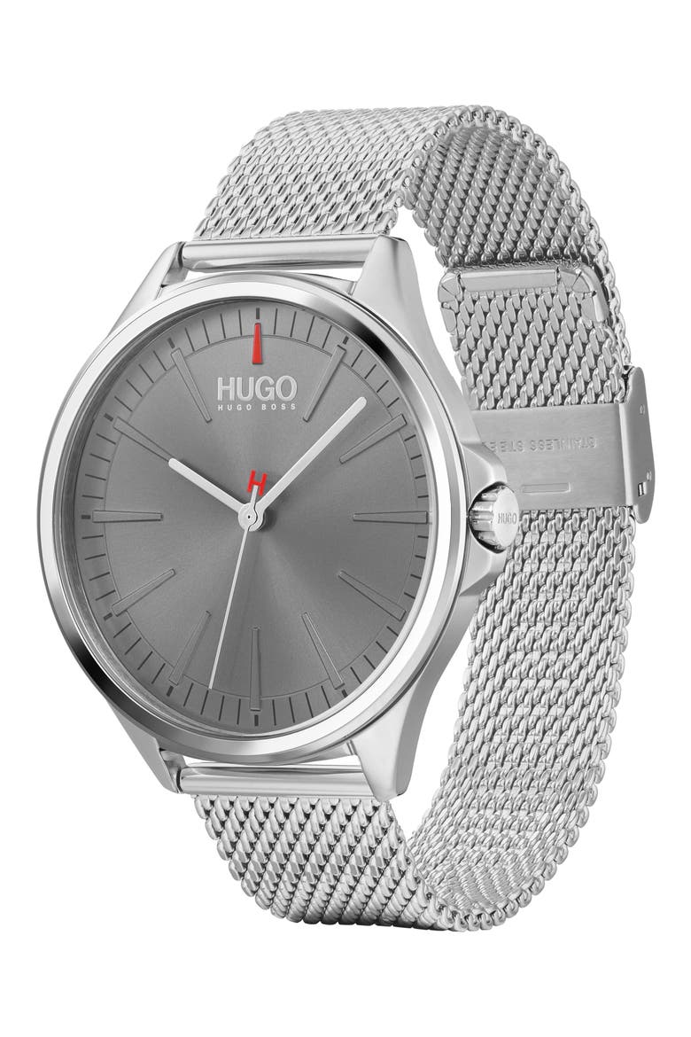 HUGO Smash Mesh Strap Watch, 43mm, Alternate, color, SILVER/ GRAY/ SILVER