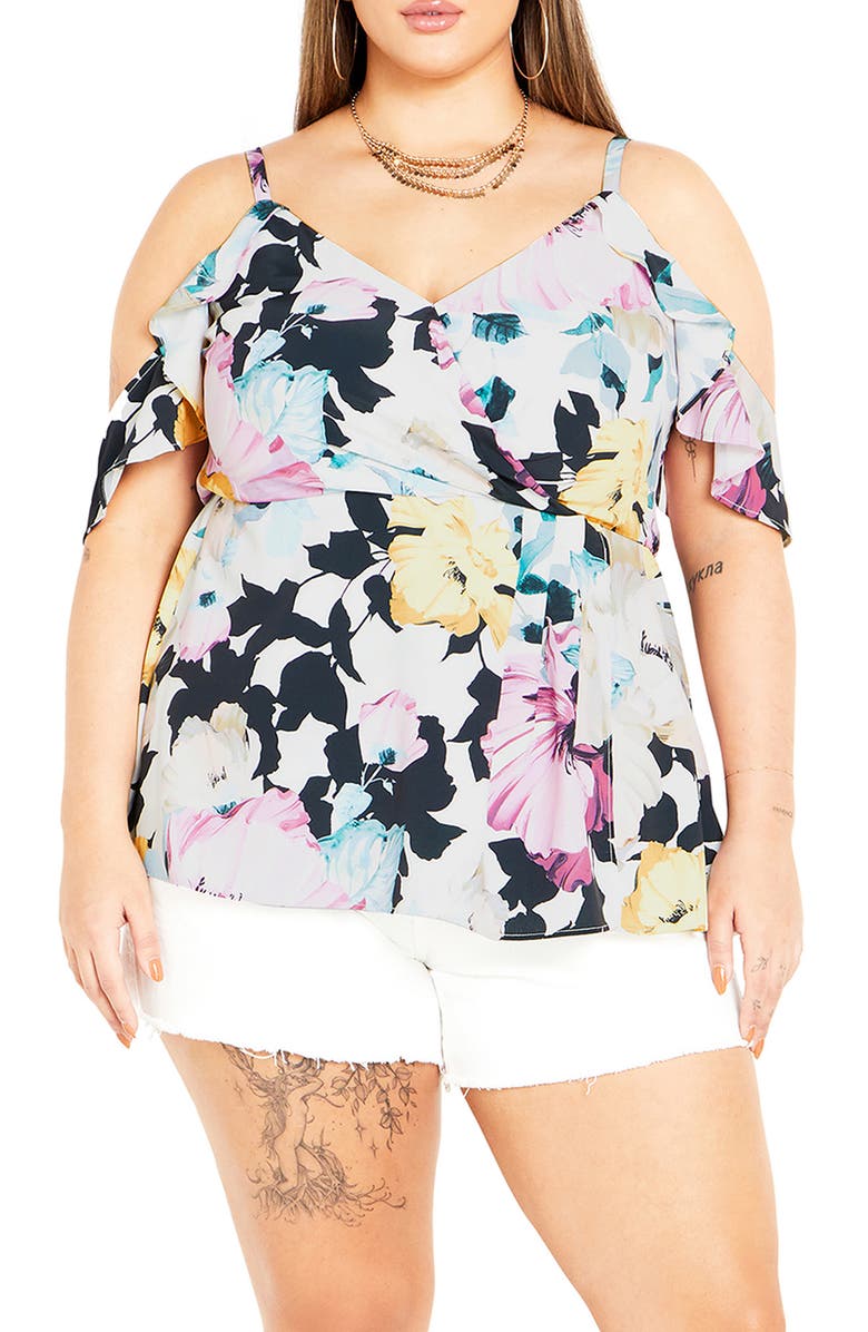 City Chic Kallie Floral Cold Shoulder Top, Main, color, Ivory Melanie Bloom