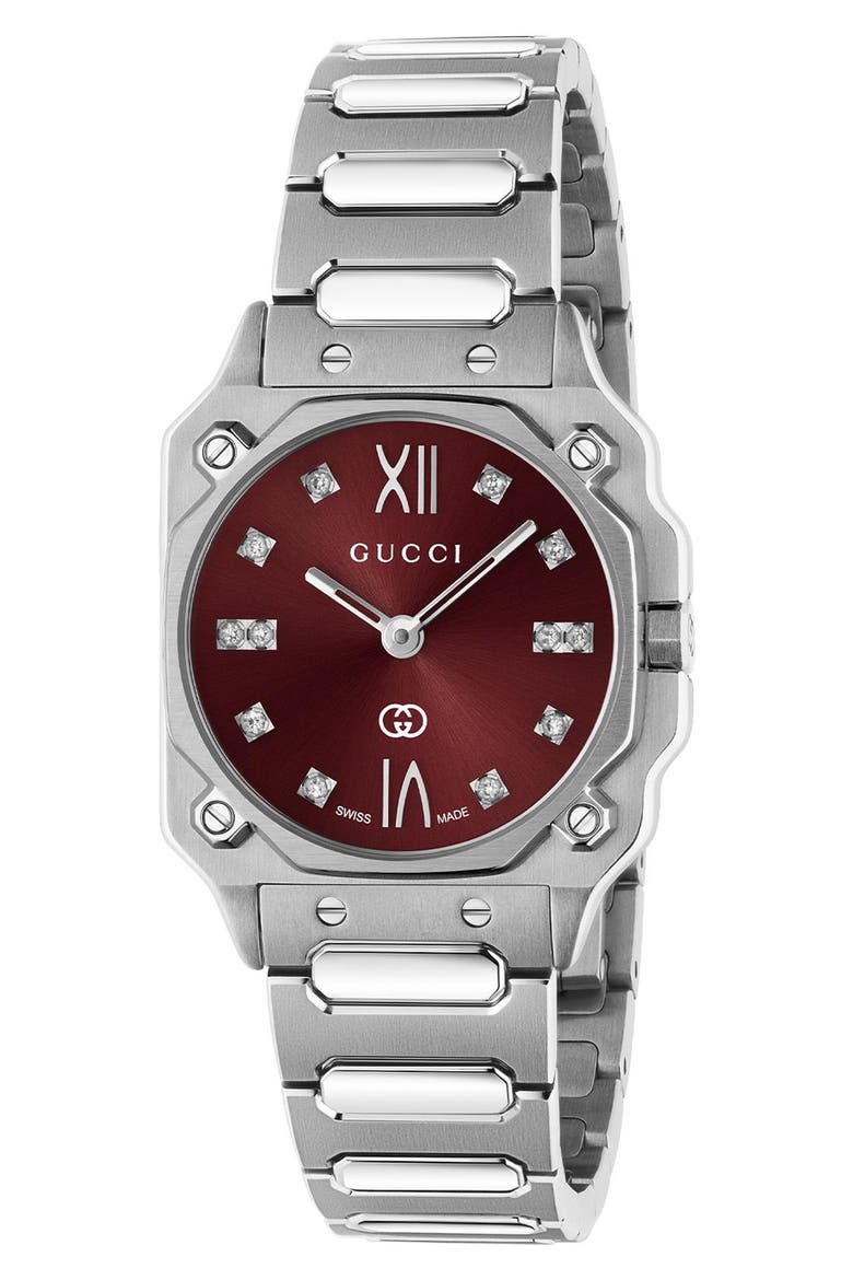 G-Flat Diamond Bracelet Watch, 24mm, Main, color, SILVER/RED