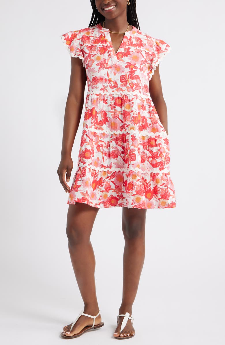 Caslon<sup>®</sup> Floral Flutter Sleeve Tiered Cotton Dress, Main, color, 
