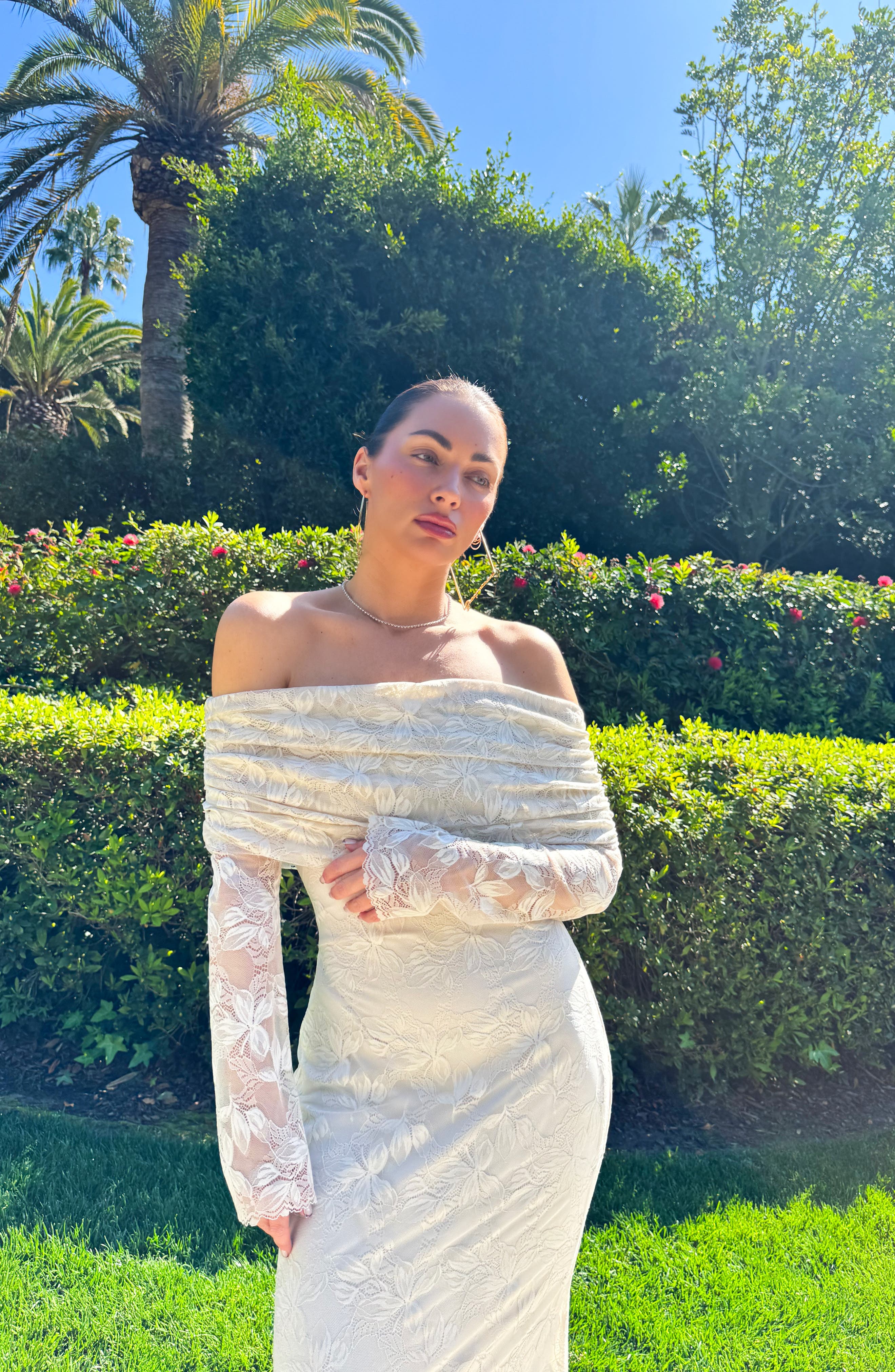 afrm emmeline off-the-shoulder long-sleeve lace maxi dress AFRM Emmeline Off-the-Shoulder Long-Sleeve Lace Maxi Dress