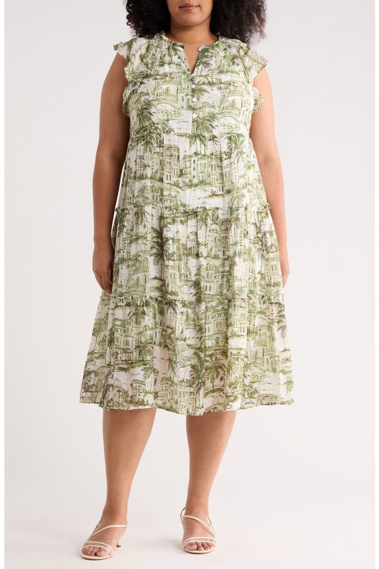 Flutter Sleeve Midi Dress, Main, color, PESTO/ CREAM