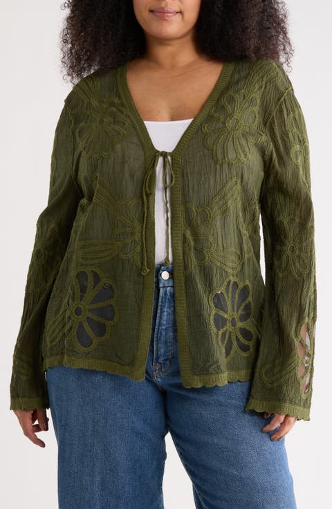 Floral Embroidered Tie Front Cardigan (Plus)