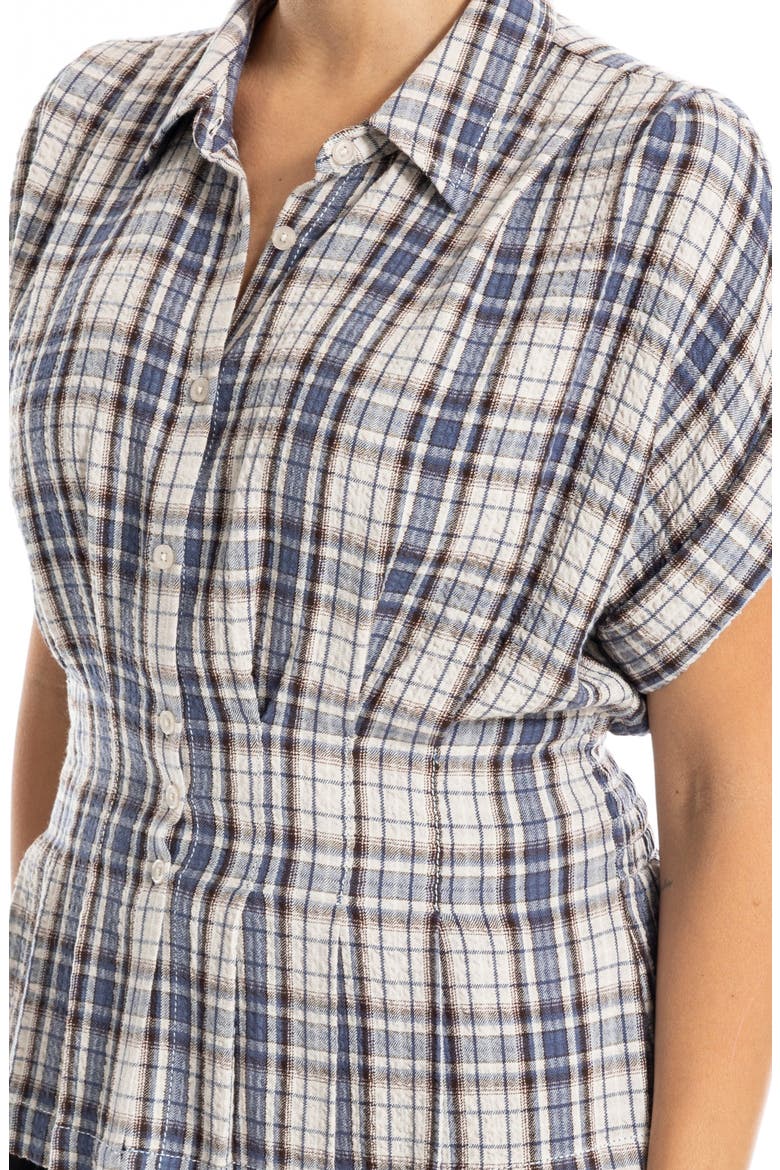 Plaid Pintucked Short Sleeve Shirt, Alternate, color, ECRU/ NAVY PLAID
