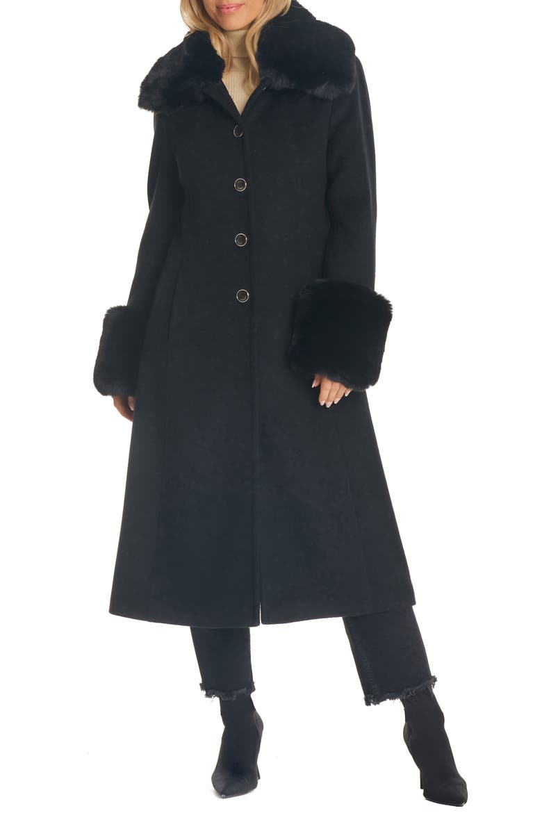 Wool Blend Coat with Removable Faux Fur Collar and Cuffs, Main, color, BLACK