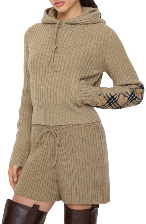 Phyllis Check Patch Hooded Rib Wool 
Cashmere Sweater