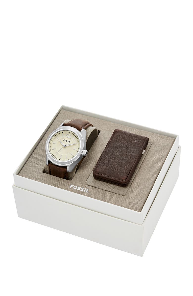 Fossil Men's Editor 3-Hand Quartz Leather Strap Watch, 42mm with Money Clip Set, Main, color, 