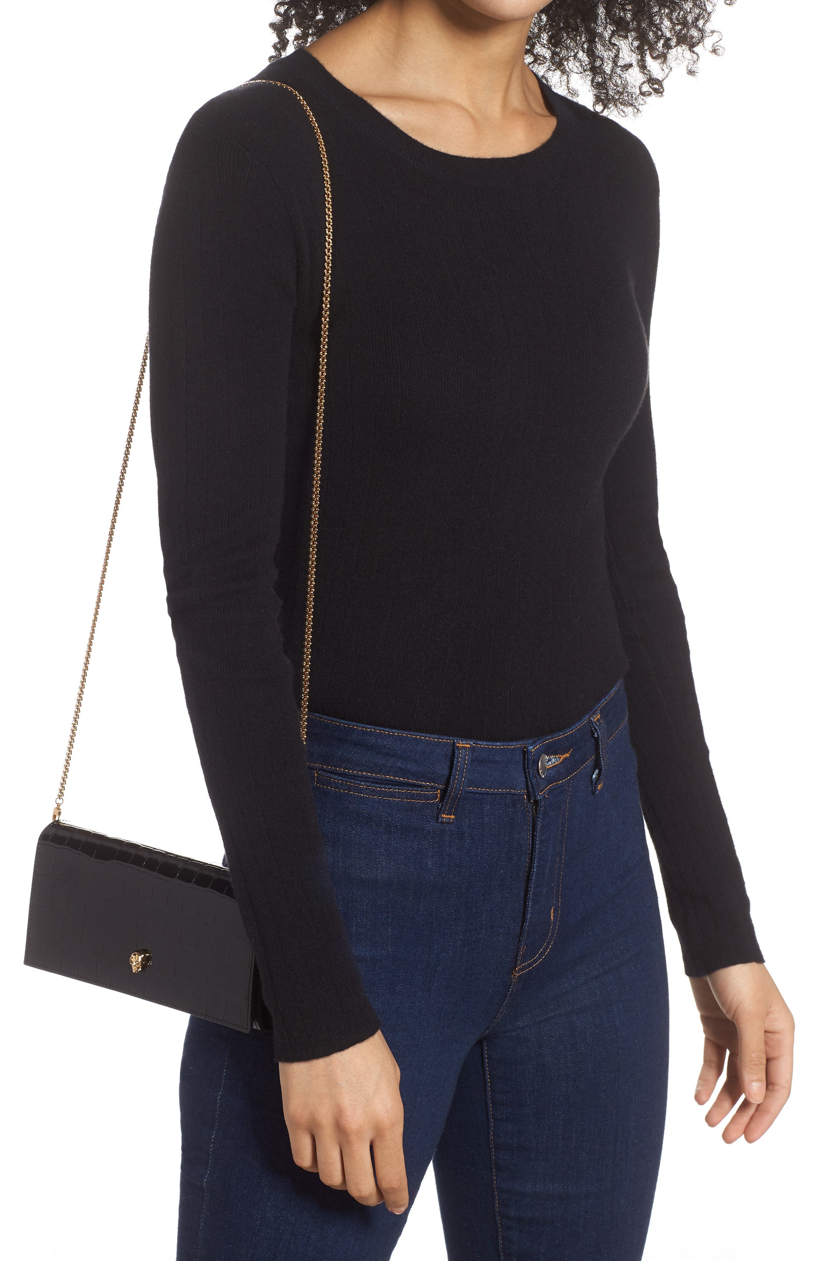 McQueen Alexander McQueen Skull Croc Embossed Leather Wallet on a Chain, Alternate, color, 