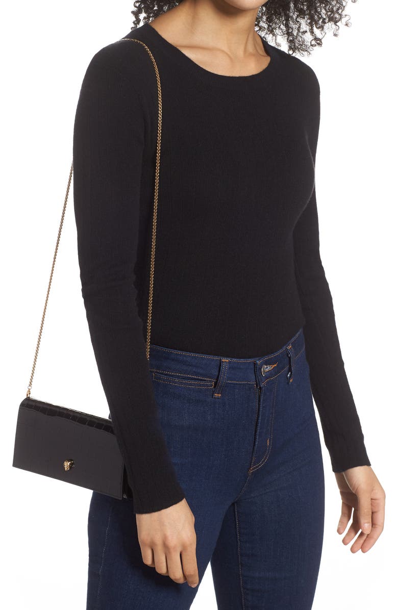 McQueen Alexander McQueen Skull Croc Embossed Leather Wallet on a Chain, Alternate, color,