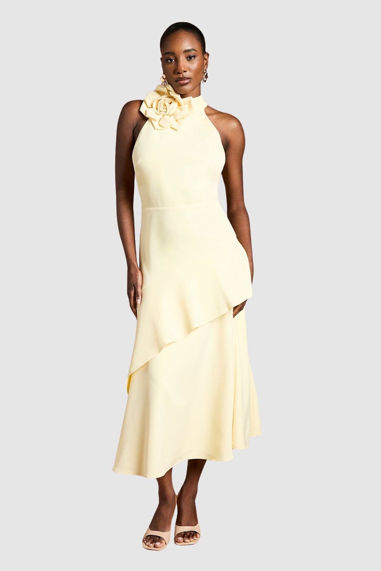 Corsage High Neck Midi Dress, Main, color, Lemon