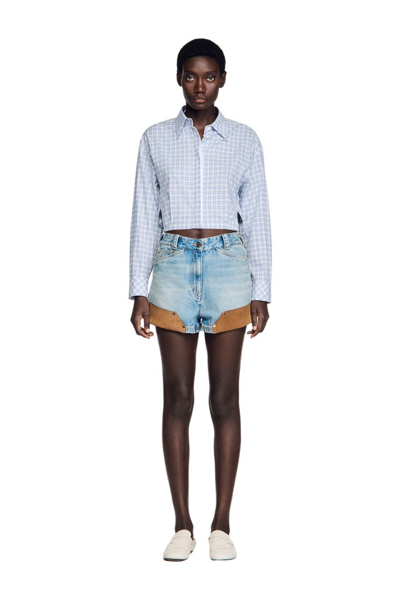Denim and suede shorts with rivets, Main, color, Light bu jean