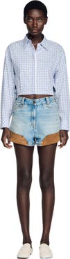 SANDRO Denim and suede shorts with rivets