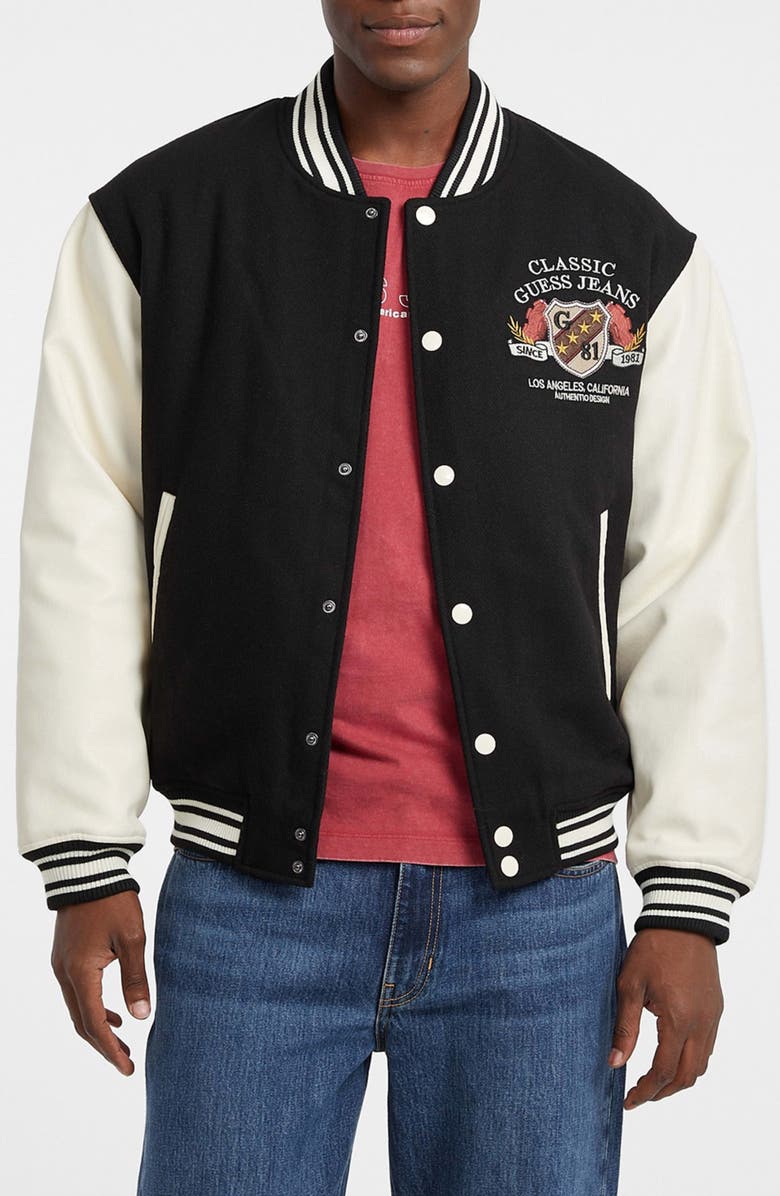GUESS JEANS Letterman Varsity Bomber Jacket, Main, color, Jet Black