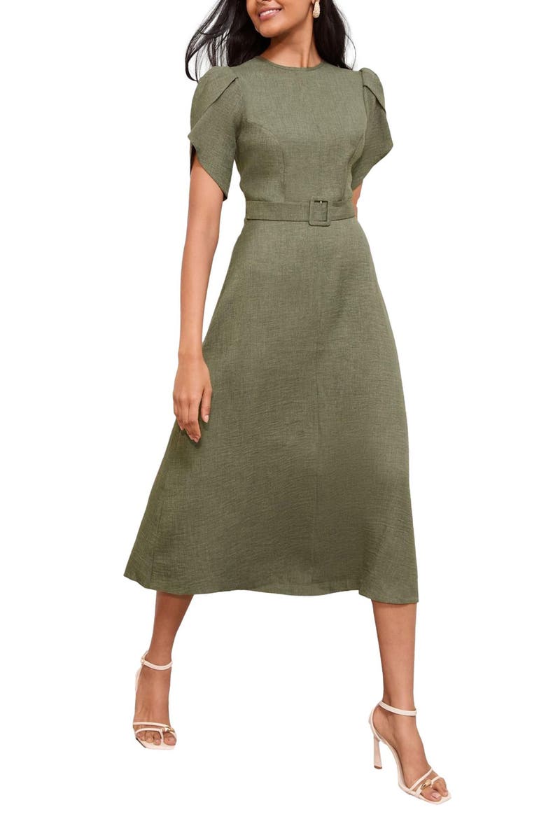 Petal Sleeve Midi Dress, Main, color, KHAKI GREEN