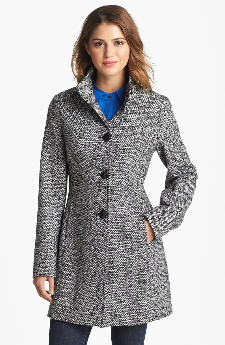 Calvin Klein Stand Collar Tweed Walking Coat with Scarf, Alternate, color,
