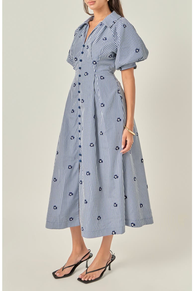 Embroidered Gingham Shirt Midi Dress, Alternate, color, NAVY