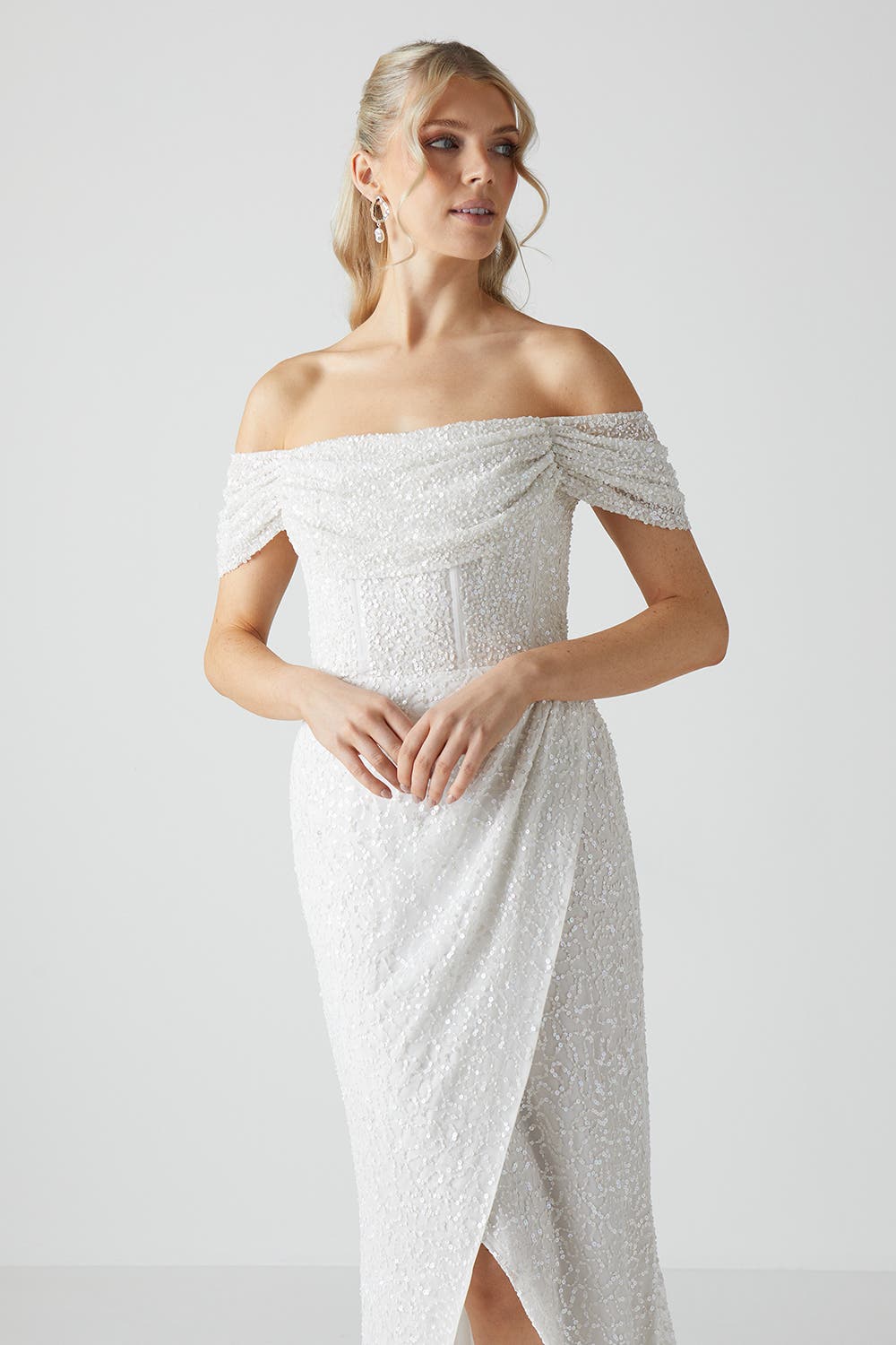 Sequin Bardot  Wrap Skirt Wedding Dress - image 2