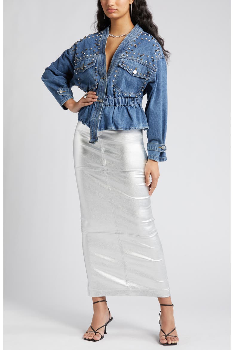 Alina Stud Peplum Denim Jacket, Main, color, BLUE