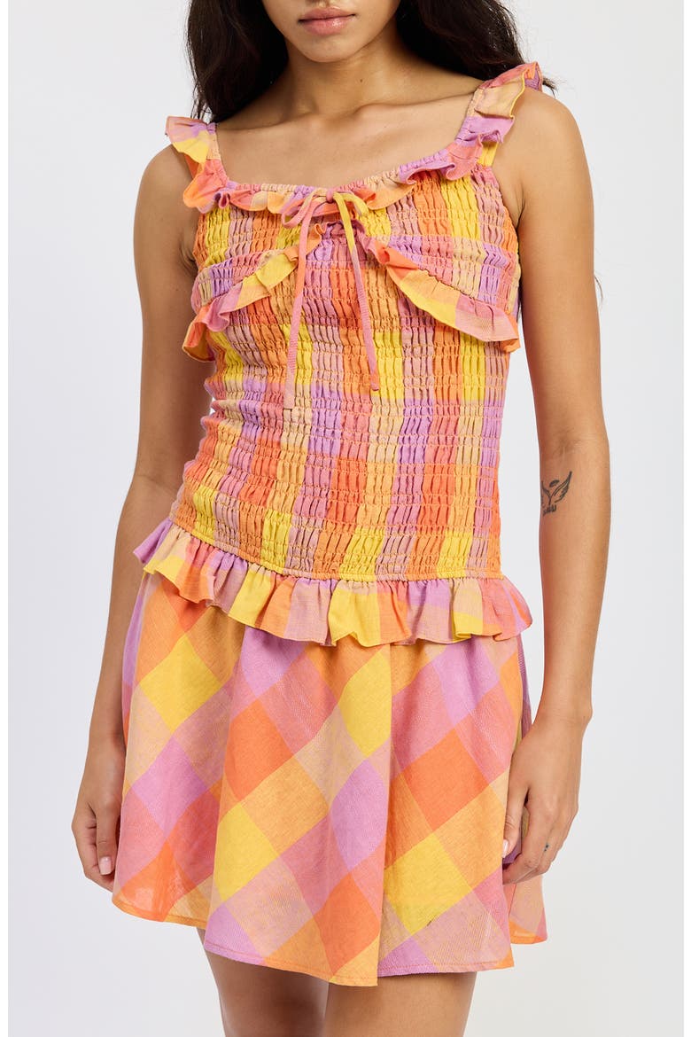 Juna Check Smocked Minidress, Alternate, color, ORANGE PINK MULTI