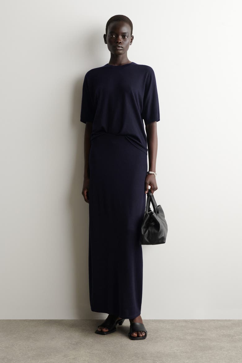 Rounded Merino Wool Midi Skirt, Main, color, NAVY