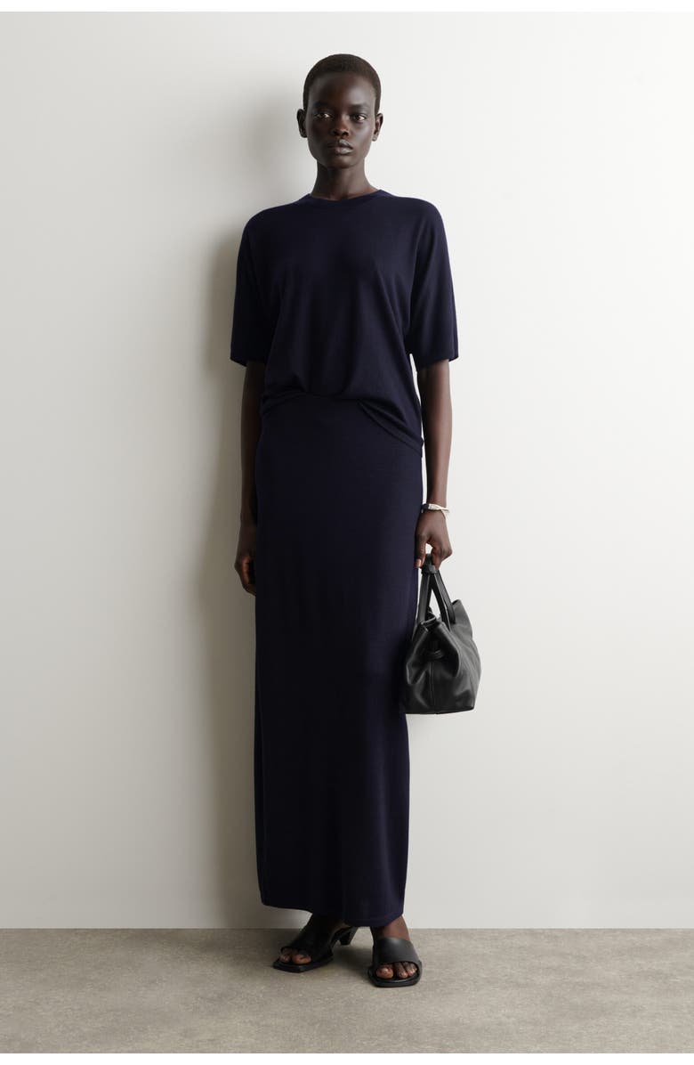 COS Rounded Merino Wool Midi Skirt, Main, color, Navy
