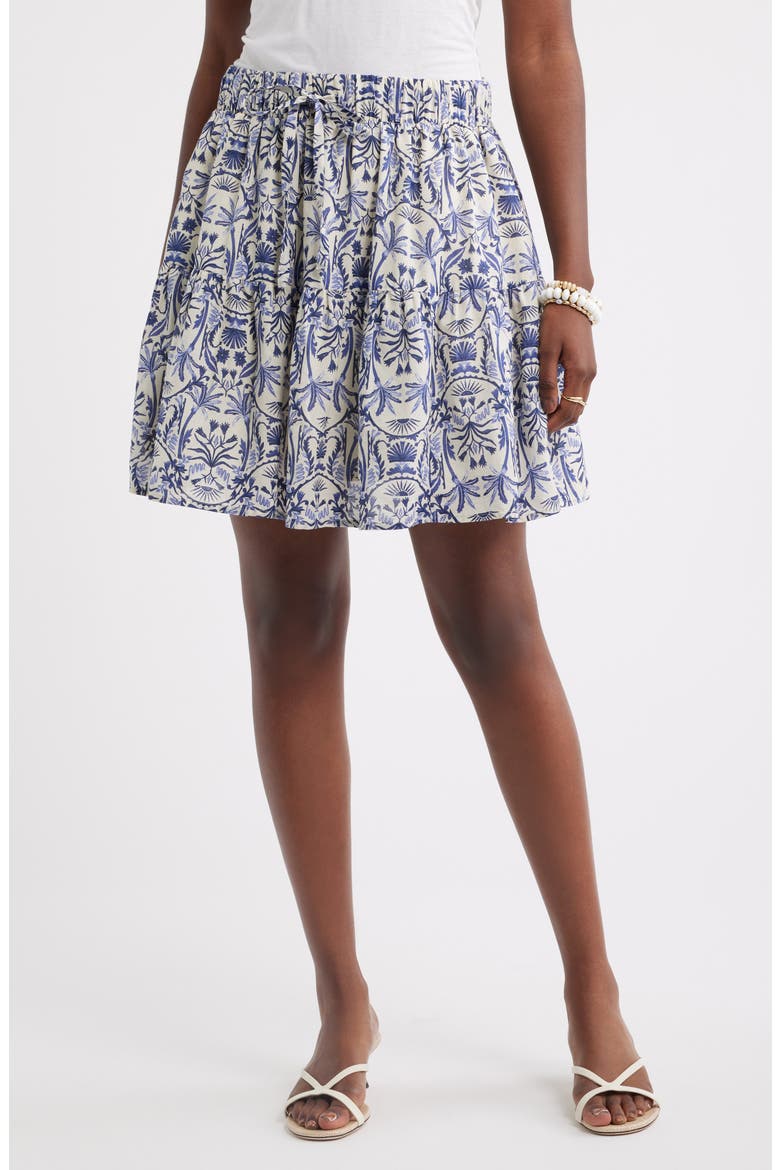 Tie Waist Miniskirt, Main, color, IVORY- NAVY PALM FLORAL