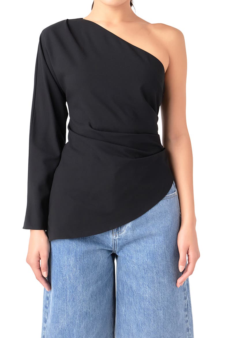 Gathered One-Shoulder Asymmetric Top, Alternate, color, BLACK
