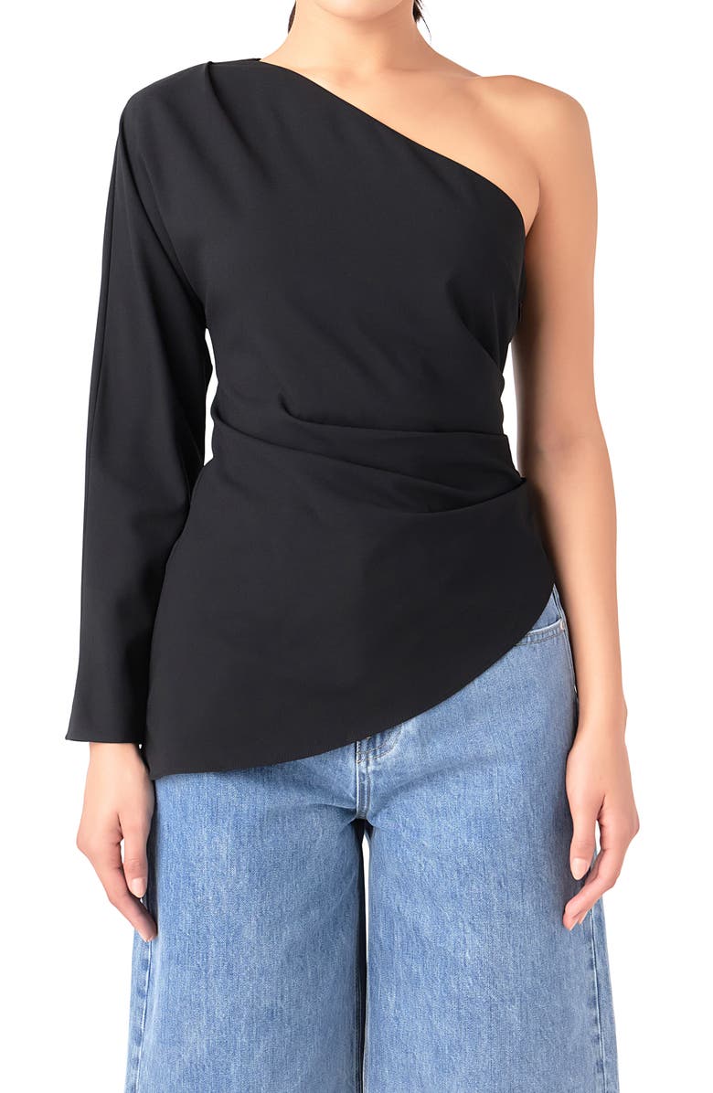 Grey Lab Gathered One-Shoulder Asymmetric Top, Alternate, color, Black
