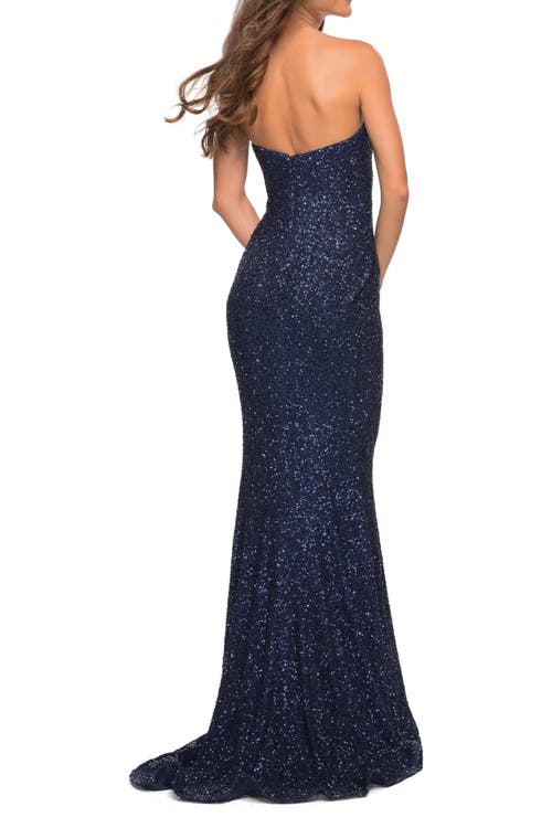 La Femme Strapless Sweetheart Luxe Sequin Gown In Navy