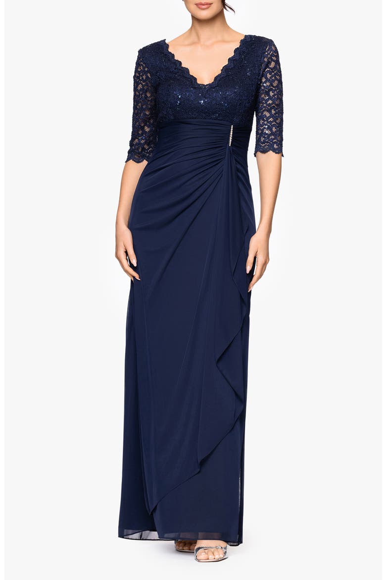 Mixed Media Rhinestone Accent Gown, Main, color, NAVY
