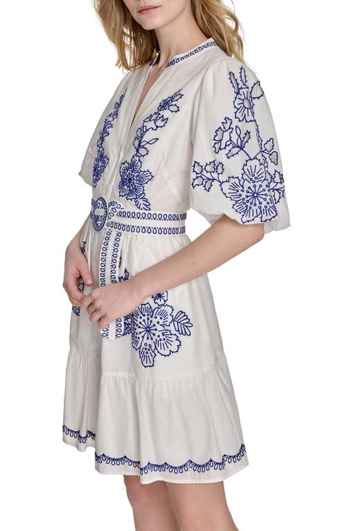Eliza J Petite Embroidered Belted Button-front Cotton Dress In Blue