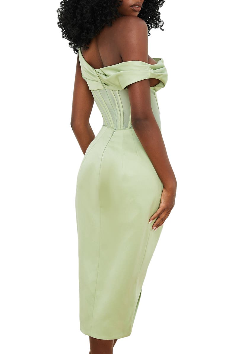 HOUSE OF CB Lulu Corset One-Shoulder Satin Midi Dress, Alternate, color, Pistachio