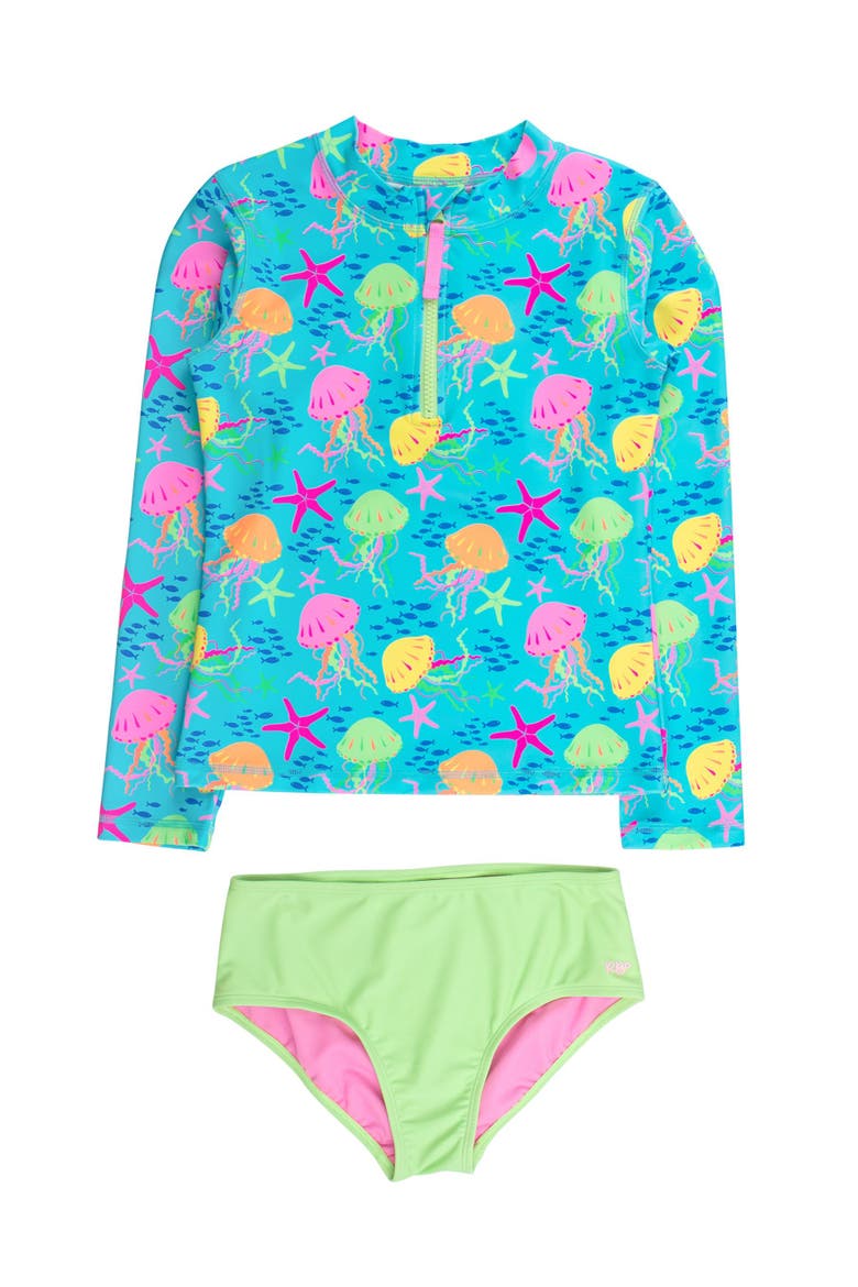 Long Sleeve Zipper Rash Guard 2-Piece Bikini Swimsuit, Main, color, Neon Jelly Time