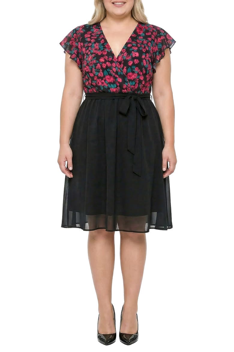 Floral & Solid Belted Dress, Main, color, BLACK FLORAL