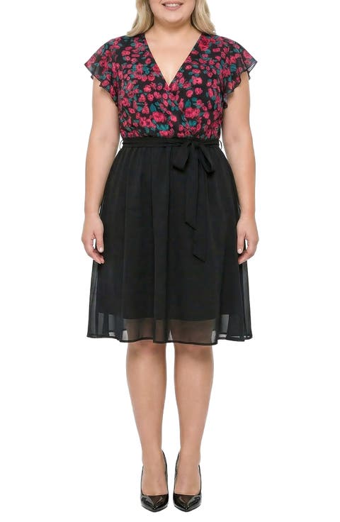 Floral & Solid Belted Dress (Plus)